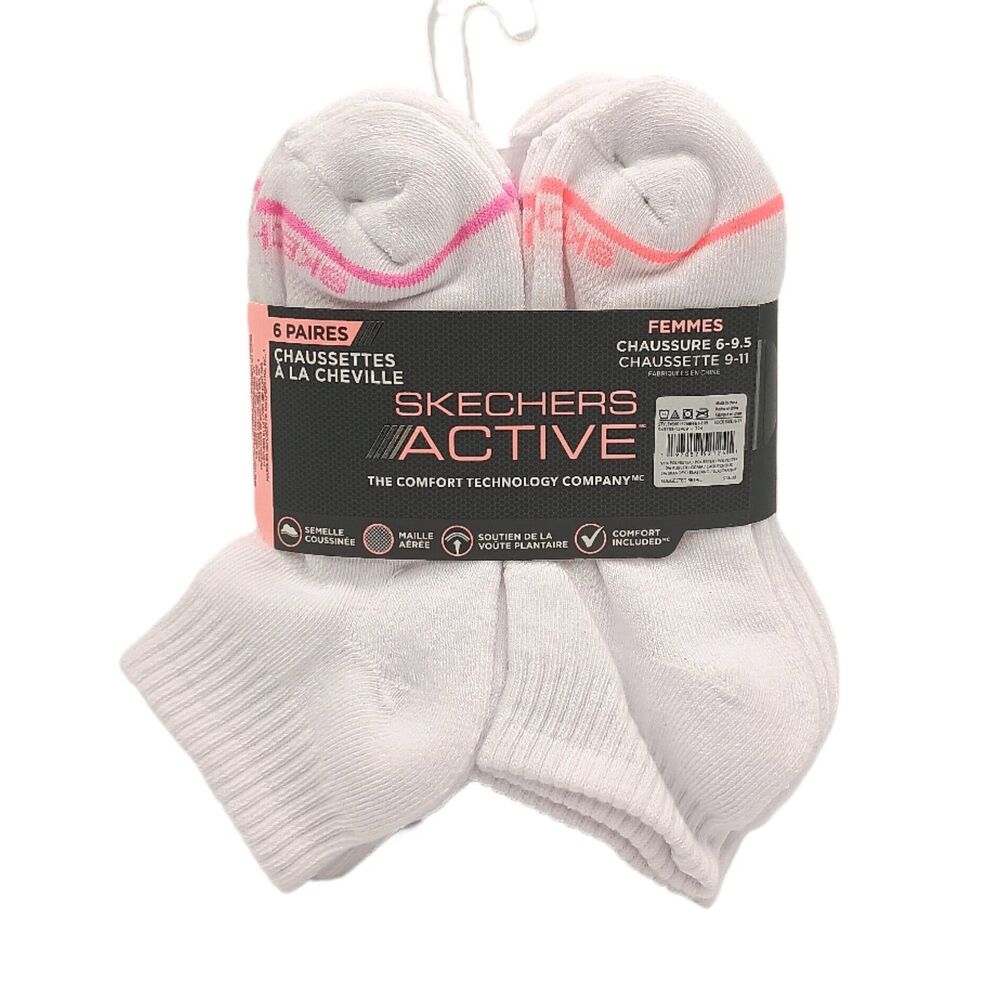 Skechers Active Quarter Crew Socks Womens 9-11 White 6 Pairs Cushioned Comfort